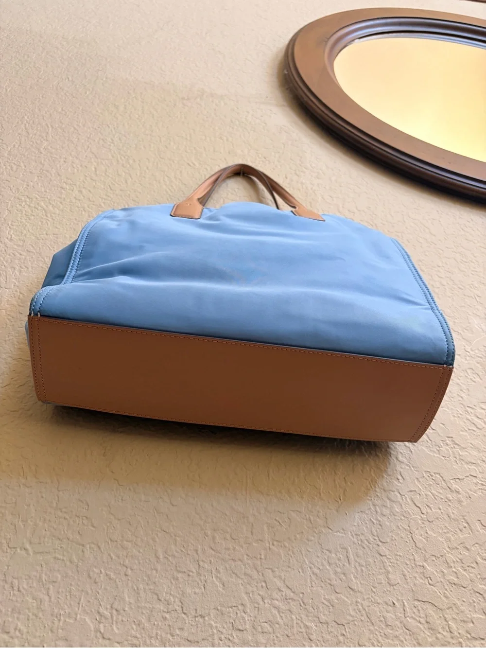 🦋Tory Burch Light Blue Nylon Tote w/ Tan Leather Trim